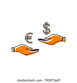 Currency exchange from hand to hand. Euro and Dollar. Vector. Black line icon with shifted flat orange filled icon on white background. Isolated.