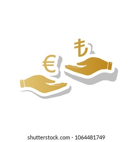 Currency exchange from hand to hand. Euro and Lira. Vector. Golden gradient icon with white contour and rotated gray shadow at white background.