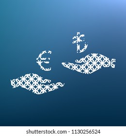 Currency exchange from hand to hand. Euro and Lira. Vector. White textured icon at lapis lazuli gradient background.