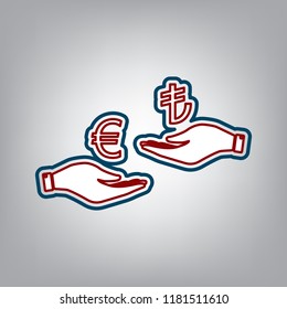 Currency exchange from hand to hand. Euro and Lira. Vector. Dark red, transparent and midnight green stroke of white icon at grayish background.