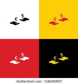 Currency exchange from hand to hand. Euro and Lira. Vector. Icons of german flag on corresponding colors as background.