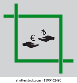 Currency exchange from hand to hand. Euro and Lira. Black icon inside green crop tool at light gray background