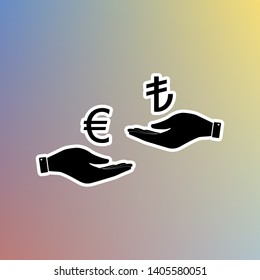 Currency exchange from hand to hand. Euro and Lira. Black icon in white shell at pastel color background. Illustration.