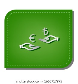 Currency exchange from hand to hand. Euro and Lira. Silver gradient line icon with dark green shadow at ecological patched green leaf. Illustration.