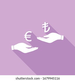 Currency exchange from hand to hand. Euro and Lira. White Icon with long shadow at purple background. Illustration.