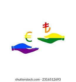 Currency exchange from hand to hand. Euro and Lira. Rainbow gay LGBT rights colored Icon at white Background. Illustration.