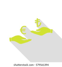 Currency exchange from hand to hand. Euro and Lira. Pear icon with flat style shadow path.