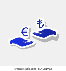 Currency exchange from hand to hand. Euro and Lira. Vector. New year bluish icon with outside stroke and gray shadow on light gray background.