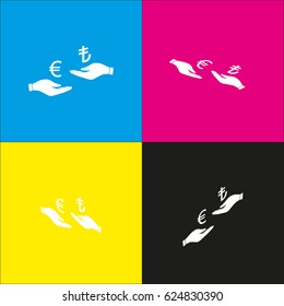 Currency exchange from hand to hand. Euro and Lira. Vector. White icon with isometric projections on cyan, magenta, yellow and black backgrounds.