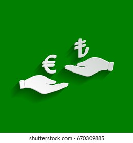 Currency exchange from hand to hand. Euro and Lira. Vector. Paper whitish icon with soft shadow on green background.