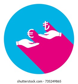 Currency exchange from hand to hand. Euro and Lira. Vector. Flat white icon with mexican pink shadow inside sky blue(S and G) circle at white background. Isolated. Trend colors in 2017.