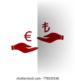 Currency exchange from hand to hand. Euro and Lira. Vector. Bordo icon on white bending paper background.