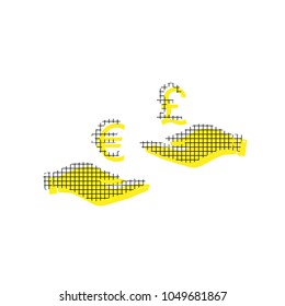 Currency exchange from hand to hand. Euro and Pound. Vector. Yellow icon with square pattern duplicate at white background. Isolated.