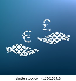 Currency exchange from hand to hand. Euro and Pound. Vector. White textured icon at lapis lazuli gradient background.