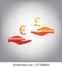 Currency exchange from hand to hand. Euro and Pound. Vector. Horizontally sliced icon with colors from sunny gradient in gray background.