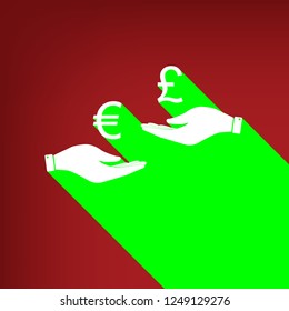 Currency exchange from hand to hand. Euro and Pound. Vector. White icon with limitless shadow at ruby red background.