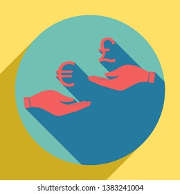 Currency exchange from hand to hand. Euro and Pound. Sunset orange icon with llapis lazuli shadow inside medium aquamarine circle with different goldenrod shadow at royal yellow background.