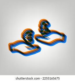 Currency exchange from hand to hand. Euro and Pound. Stroked Icon in orange, azure and old lavender Colors at gray Background. Illustration.