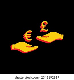 Currency exchange from hand to hand. Euro and Pound. 3D Extruded Yellow Icon with Red Sides a Black background. Illustration.