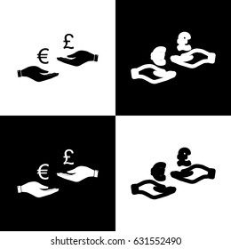 Currency exchange from hand to hand. Euro and Pound. Vector. Black and white icons and line icon on chess board.