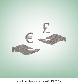 Currency exchange from hand to hand. Euro and Pound. Vector. Brown flax icon on green background with light spot at the center.