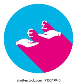 Currency exchange from hand to hand. Euro and Pound. Vector. Flat white icon with mexican pink shadow inside sky blue(S and G) circle at white background. Isolated. Trend colors in 2017.