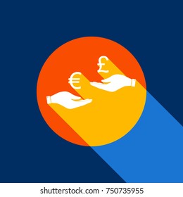Currency exchange from hand to hand. Euro and Pound. Vector. White icon on tangelo circle with infinite shadow of light at cool black background. Selective yellow and bright navy blue are produced.