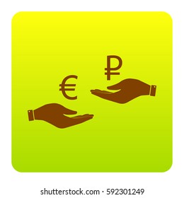 Currency exchange from hand to hand. Euro and Rouble. Vector. Brown icon at green-yellow gradient square with rounded corners on white background. Isolated.