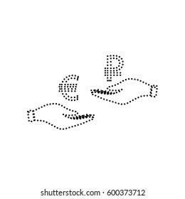 Currency exchange from hand to hand. Euro and Rouble. Vector. Black dotted icon on white background. Isolated.