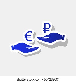 Currency exchange from hand to hand. Euro and Rouble. Vector. New year bluish icon with outside stroke and gray shadow on light gray background.