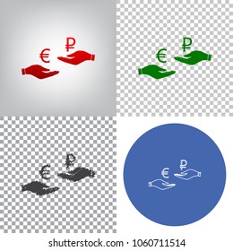 Currency exchange from hand to hand. Euro and Ruble. Vector. 4 styles. Red gradient in radial lighted background, green flat and gray scribble icons on transparent and linear one in blue circle.