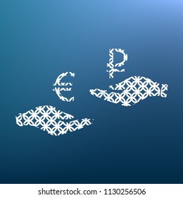 Currency exchange from hand to hand. Euro and Ruble. Vector. White textured icon at lapis lazuli gradient background.