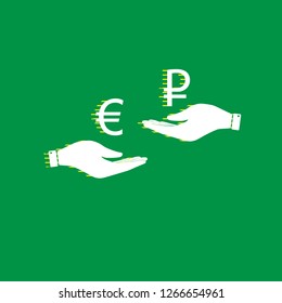 Currency exchange from hand to hand. Euro and Ruble. Vector. White flat icon with yellow striped shadow at green background.