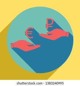 Currency exchange from hand to hand. Euro and Ruble. Sunset orange icon with llapis lazuli shadow inside medium aquamarine circle with different goldenrod shadow at royal yellow background.