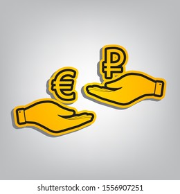 Currency exchange from hand to hand. Euro and Ruble. Flat orange icon with overlapping linear black icon with gray shadow at whitish background. Illustration.