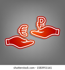 Currency exchange from hand to hand. Euro and Ruble. Flat red icon with linear white icon with gray shadow at grayish background. Illustration.
