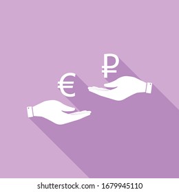 Currency exchange from hand to hand. Euro and Ruble. White Icon with long shadow at purple background. Illustration.