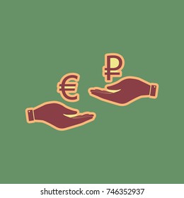 Currency exchange from hand to hand. Euro and Ruble. Vector. Cordovan icon and mellow apricot halo with light khaki filled space at russian green background.