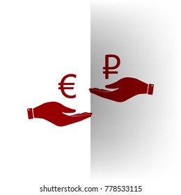 Currency exchange from hand to hand. Euro and Ruble. Vector. Bordo icon on white bending paper background.