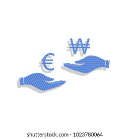 Currency exchange from hand to hand. Euro and Won. Vector. Neon blue icon with cyclamen polka dots pattern with light gray shadow on white background. Isolated.