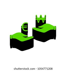 Currency exchange from hand to hand. Euro and Won. Vector. Green 3d icon with black side on white background. Isolated.