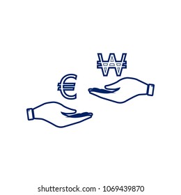 Currency exchange from hand to hand. Euro and Won. Vector. Flat style black icon on white.