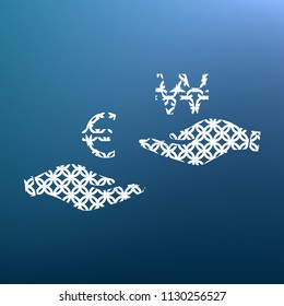 Currency exchange from hand to hand. Euro and Won. Vector. White textured icon at lapis lazuli gradient background.