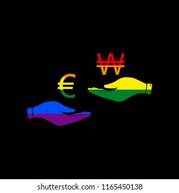 Currency exchange from hand to hand. Euro and Won. Vector. Icon with colors of LGBT flag at black background.