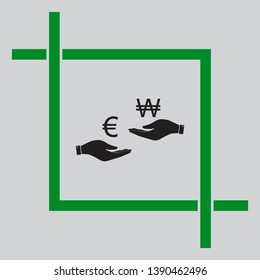 Currency exchange from hand to hand. Euro and Won. Black icon inside green crop tool at light gray background