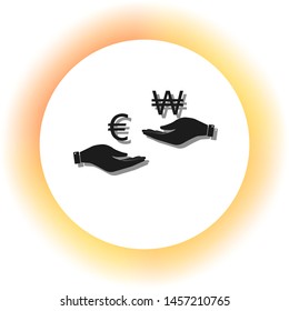 Currency exchange from hand to hand. Euro and Won. Dark icon with shadow on the glowing circle button. Illustration.