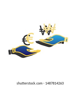 Currency exchange from hand to hand. Euro and Won. Blue icon with gold contour with dark gray shadow at white background. Illustration.