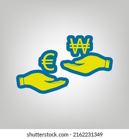 Currency exchange from hand to hand. Euro and Won. Icon in colors of Ukraine flag (yellow, blue) at gray Background. Illustration.