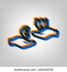 Currency exchange from hand to hand. Euro and Won. Stroked Icon in orange, azure and old lavender Colors at gray Background. Illustration.