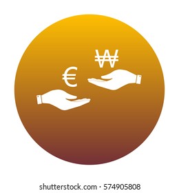 Currency exchange from hand to hand. Euro and Won. White icon in circle with golden gradient as background. Isolated.